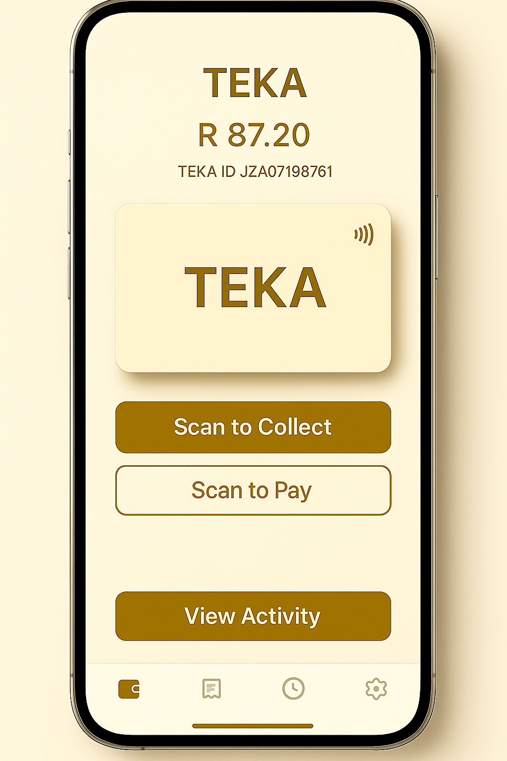 TEKA app home screen showing balance and actions